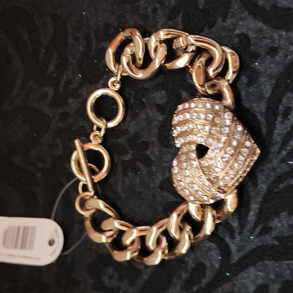 Women's Gold Link Chain Bracelet with Heart Rhinestones.